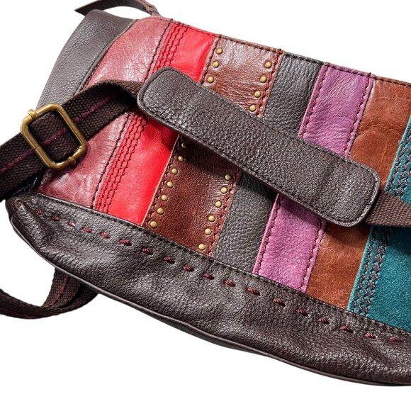 The Sak Striped Patchwork Leather Crossbody Bag Adjustable Strap Red Pink Teal - Picture 3 of 16